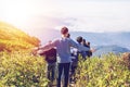 People hiking nature and mountains with Sunset light