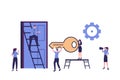 people open the door with a key, lock flat style illustration vector design Royalty Free Stock Photo