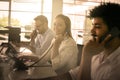 People in operations center talking on Landline phone. Operator Royalty Free Stock Photo