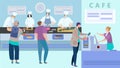 People order fresh Asian food in cafe, lunch menu in cafeteria, sushi canteen, vector illustration