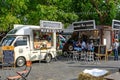 People order meal from food trucks at Food Truck Fair in Bangkok. Royalty Free Stock Photo