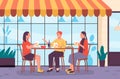 People in outdoor cafe. Man and woman sitting at table eating French fries and drinking beer. Friends communicating Royalty Free Stock Photo