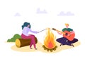 People Outdoor Camping Forest Nature at Fire. Man Play Guitar, Woman Roast Marshmallow Over Fireplace. Family Royalty Free Stock Photo