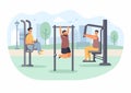 People at outdoor gym. Man with beard pulls up on horizontal bar