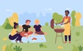 People on outdoor picnic party, cartoon happy young friends grilling meat, cooking barbecue sausages Royalty Free Stock Photo