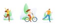 People Outdoor Sport Set. Men and Women Running, Riding Bike and Roller Skates at Summertime. Outdoor Sports Activity