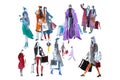 People in outerwear with shopping bags. Sale, shop. Watercolor.