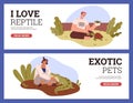 People owning reptile pets, web banners set, flat vector illustration. Royalty Free Stock Photo