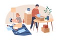 People pack stuff into cardboard boxes for relocation. Couple wrap and prepare fragile tableware in packages for moving