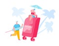 People Packing Suitcase for Summer Vacation Trip. Tiny Woman in Swim Suit Sit on Huge Luggage Under Sun Umbrella
