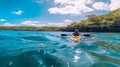 People paddles kayak in the lake or sea with turquoise water. ai generative Royalty Free Stock Photo