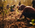 People palnting new forest. Tree planting spring process Royalty Free Stock Photo