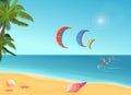 People with parachutes kiteboarding in sea. Royalty Free Stock Photo