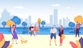 People in park, casual lifestyle vector illustration. Young people having fun, walking the dog, man with suitcase