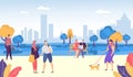 People in park, casual lifestyle vector illustration. Young people having fun, walking the dog, man with suitcase