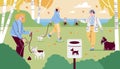 People at park cleaning up dogs excrements, cartoon vector illustration.