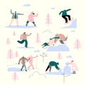 People in the park doing different winter activities. Vector set. Illustration of ice skater, skiing, couple, playing