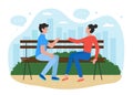 People in park flat vector illustration, cartoon happy young friends or couple characters sitting on bench in city Royalty Free Stock Photo