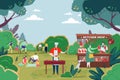 People in park, grlling barbecue and meat, vector illustration. Cartoon character man woman have happy weekend together. Royalty Free Stock Photo