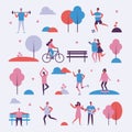 People in park icons collection, trees and benches lantern illuminating light, couples having fun walking, playing