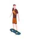 People in park isometric. Man skates. Active living recreation activities. Spending free time usefully. Vector character