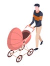 People in park isometric. Man swalking with a baby in a stroller. Active living recreation activities. Spending free