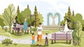 People in park outdoor among trees, nature lifestyle, happy father with kids, girl with bycicle and eldery couple vector