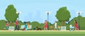 People in park. Persons leisure and sport activities outdoor. Cartoon family and kids characters in summer park vector Royalty Free Stock Photo