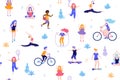 People in the park seamless pattern white background. Children doing activities and sports outdoor flat design vector