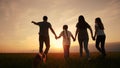 people in the park. silhouette of a big happy family on a walk with a dog at sunset in a field in nature. happy family Royalty Free Stock Photo