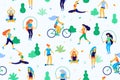 People in the park vector flat illustration. Women walk in the park and do sports, physical exercises. Park seamless Royalty Free Stock Photo