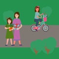 People in the park on a walk. Illustration of a girl in the park on a bicycle. A family with a flower and gifts