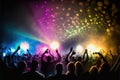 People partying at a concert, bright neon lights, strobe lights, happy time. Generative Ai