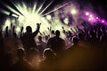 People partying at a concert, bright neon lights, strobe lights, happy time. Generative Ai Royalty Free Stock Photo