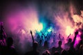 People partying at a concert, bright neon lights, strobe lights, happy time. Generative Ai Royalty Free Stock Photo