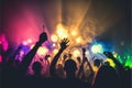 People partying at a concert, bright neon lights, strobe lights, happy time. Generative Ai Royalty Free Stock Photo