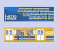 People passangers in subway car, modern city public transport, underground tram set of banners flat vector illustration Royalty Free Stock Photo