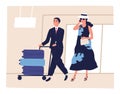 People, passenger at airport, depart, arrival for journey. Porter man pushes trolley with baggage. Busy woman talking Royalty Free Stock Photo