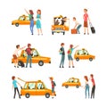 People Passenger and Orange Taxi Cab Vector Illustration Set
