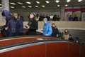 People passengers of metro riding on a subway escalator to the entrance. Subway station Zoloti Vorota. Kyiv, Ukraine Royalty Free Stock Photo