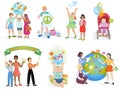 People in peace vector world kids on planet earth and worldwide earthly friendship illustration peaceful set of boys or