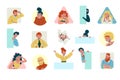 People peeping, face look out window, portraits set isolated vector illustrations. Cheerful, puzzled, greeting, happy