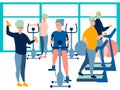 People, pensioner in the gym. training on simulators. In minimalist style Cartoon flat raster