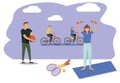 People performing sports activities or exercise and wholesome food. Concept of healthy habits, active lifestyle, fitness training