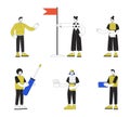 People performing tasks linear flat color vector characters set