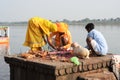 People performs pooja on sacred river Narmada in Maheshwar