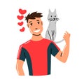 People and pet. Cat pet owner character. Man with a cat on his shoulders. Man love his animal. Cute and adorable