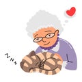 People and pet. Cat pet owner character. Owner petting your cat. Old woman love their animal. Cute and adorable domestic