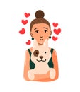 People and pet. Dog pet owner character. Owner hugging dog. Girl love their animal. Cute and adorable domestic animal