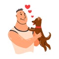 People And Pet. Dog Pet Owner Character. Man Holding On Hands His Dog. Man Love His Animal. Cute And Adorable Domestic